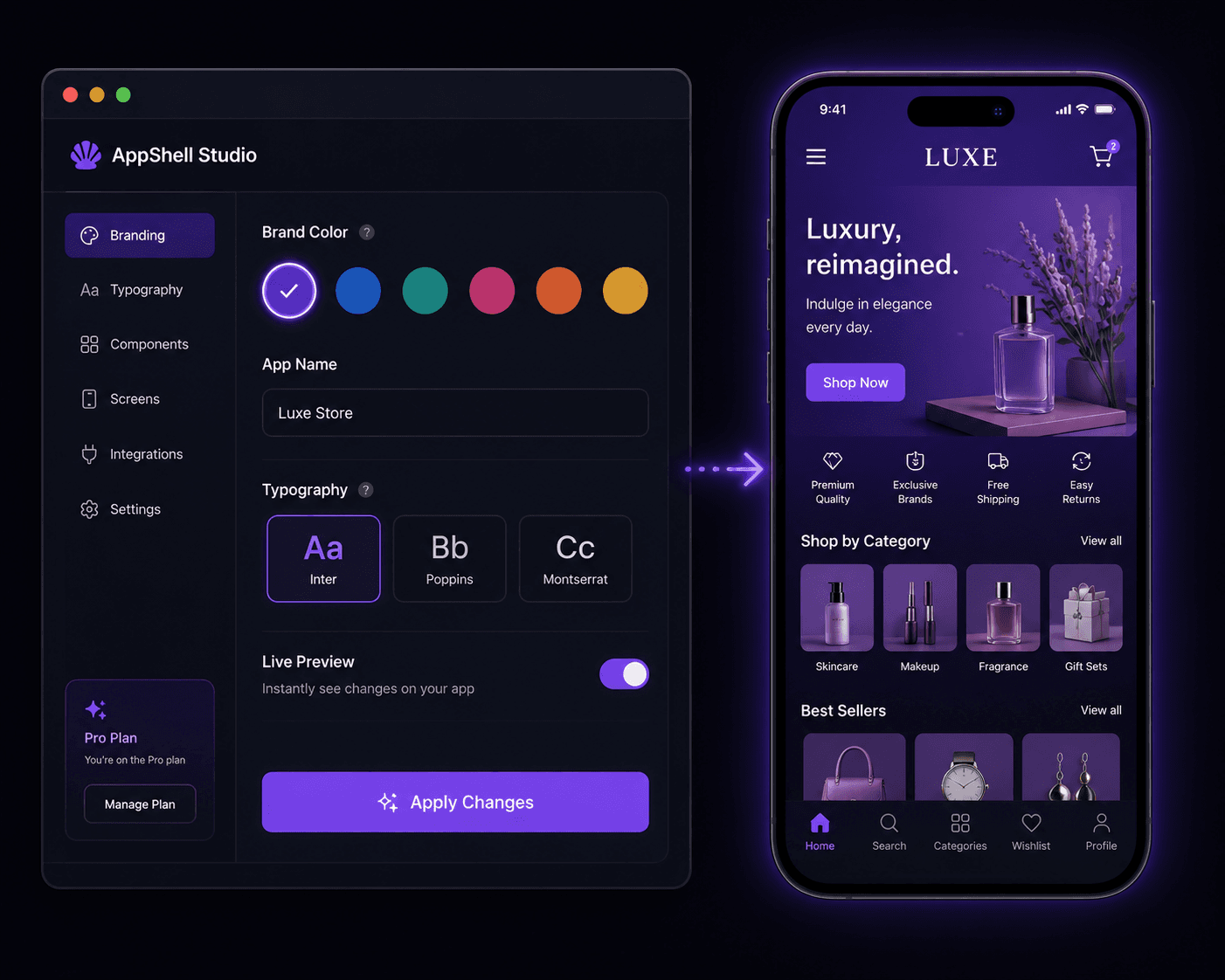 The ChronoGrowth panel on the left, with the live app preview on a phone to the right
